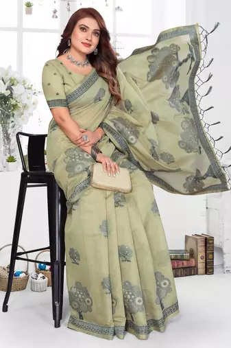 green jacquard cotton blend saree with blouse 