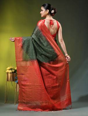 dark green & red zari woven checked silk blend saree 3