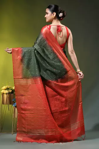 dark green & red zari woven checked silk blend saree