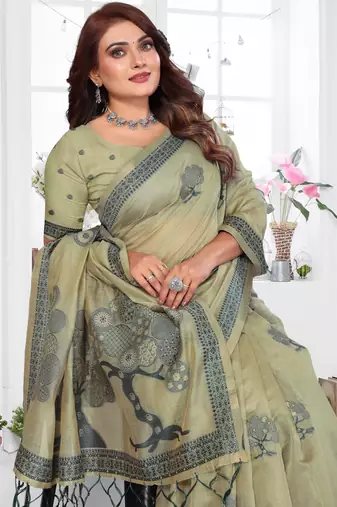 green jacquard cotton blend saree with blouse 