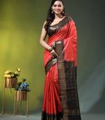 red & black zari woven checked silk blend saree