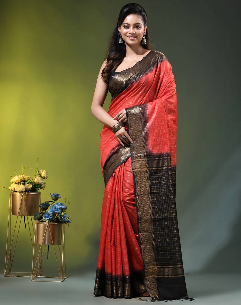 red & black zari woven checked silk blend saree