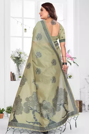 green jacquard cotton blend saree with blouse 