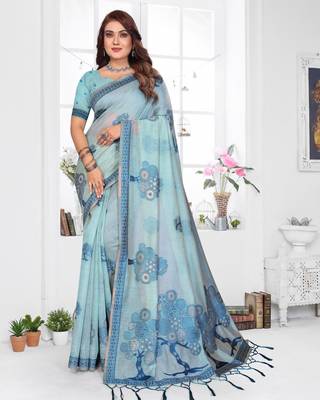 blue jacquard cotton blend saree with blouse  1