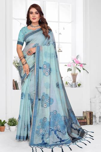 blue jacquard cotton blend saree with blouse 