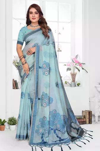 blue jacquard cotton blend saree with blouse 