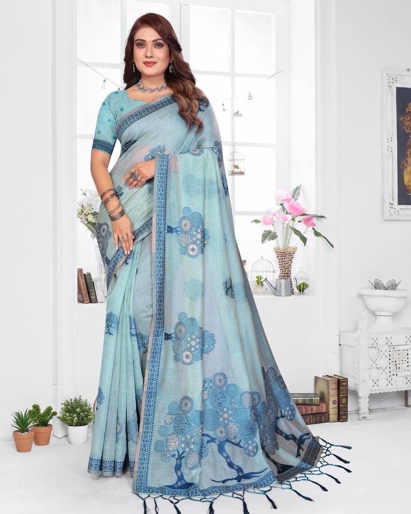 blue jacquard cotton blend saree with blouse 