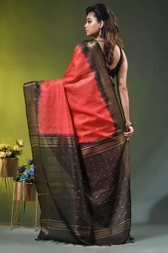 red & black zari woven checked silk blend saree