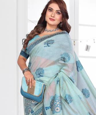 blue jacquard cotton blend saree with blouse  2