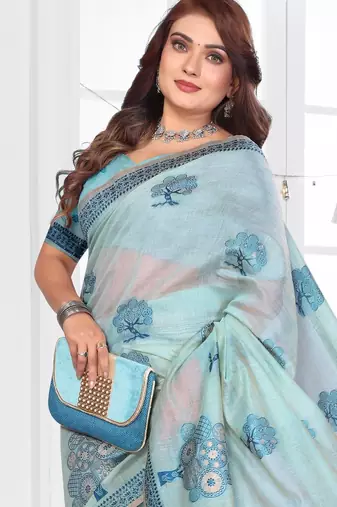 blue jacquard cotton blend saree with blouse 