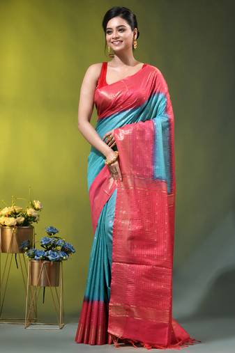 sky blue & red zari woven checked silk blend saree