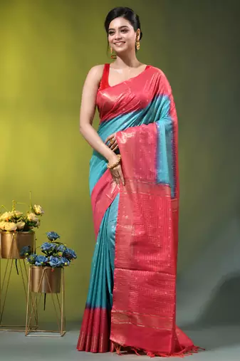 sky blue & red zari woven checked silk blend saree