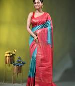 sky blue & red zari woven checked silk blend saree