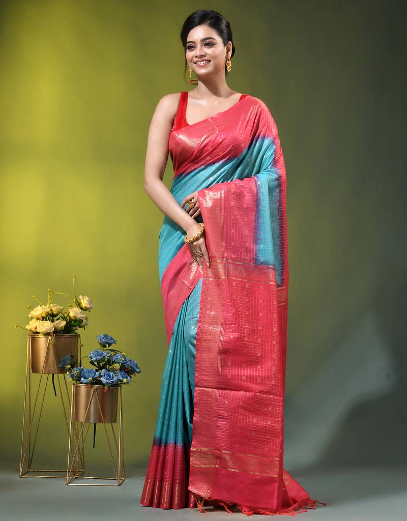 sky blue & red zari woven checked silk blend saree