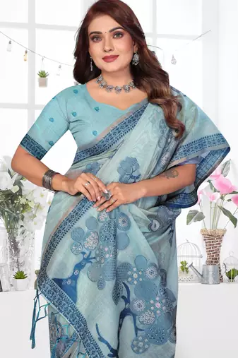 blue jacquard cotton blend saree with blouse 