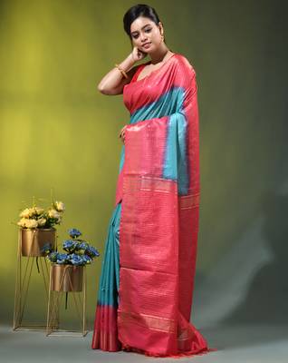sky blue & red zari woven checked silk blend saree 2