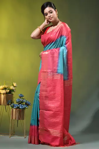 sky blue & red zari woven checked silk blend saree