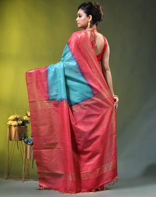 sky blue & red zari woven checked silk blend saree 3
