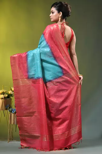 sky blue & red zari woven checked silk blend saree