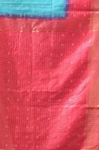 sky blue & red zari woven checked silk blend saree