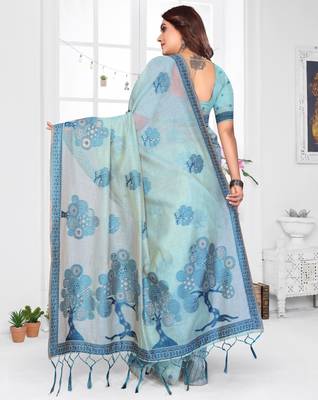 blue jacquard cotton blend saree with blouse  4