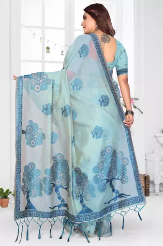 blue jacquard cotton blend saree with blouse 