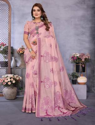 pink jacquard cotton blend saree with blouse  1