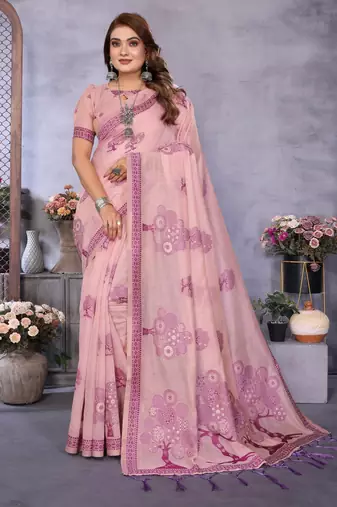 pink jacquard cotton blend saree with blouse 