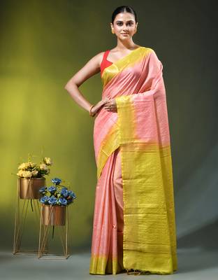 peach & lime yellow zari woven checked silk blend saree 1