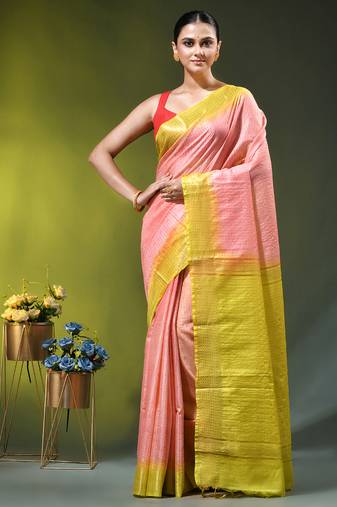 peach & lime yellow zari woven checked silk blend saree