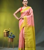 peach & lime yellow zari woven checked silk blend saree