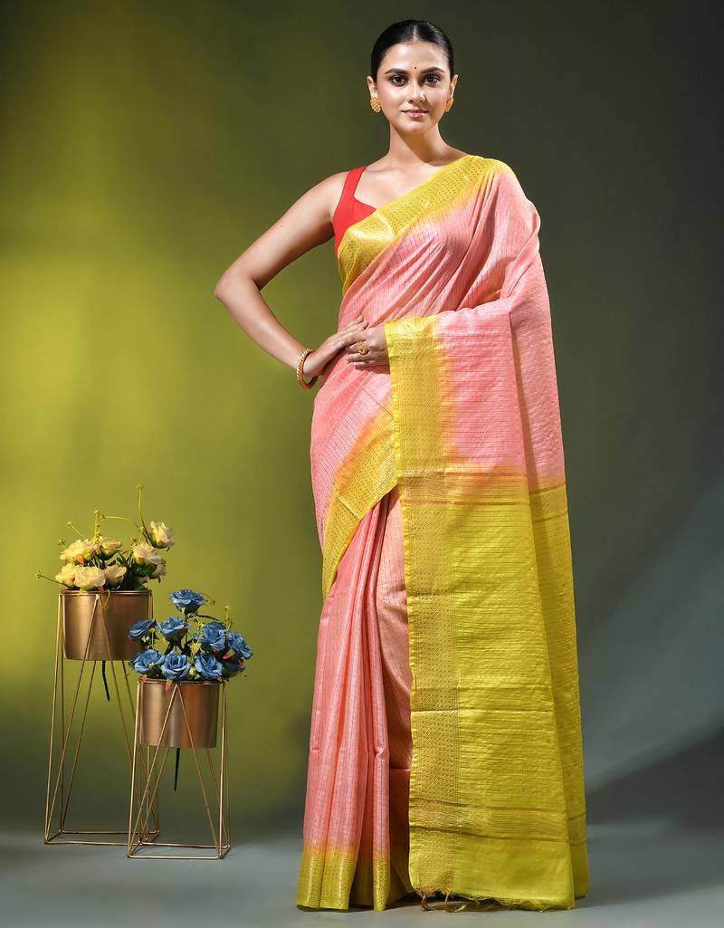 peach & lime yellow zari woven checked silk blend saree