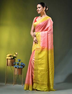peach & lime yellow zari woven checked silk blend saree 2