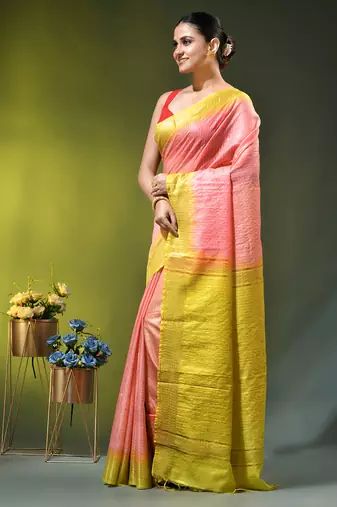peach & lime yellow zari woven checked silk blend saree