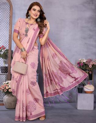 pink jacquard cotton blend saree with blouse  2