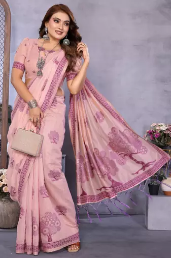 pink jacquard cotton blend saree with blouse 