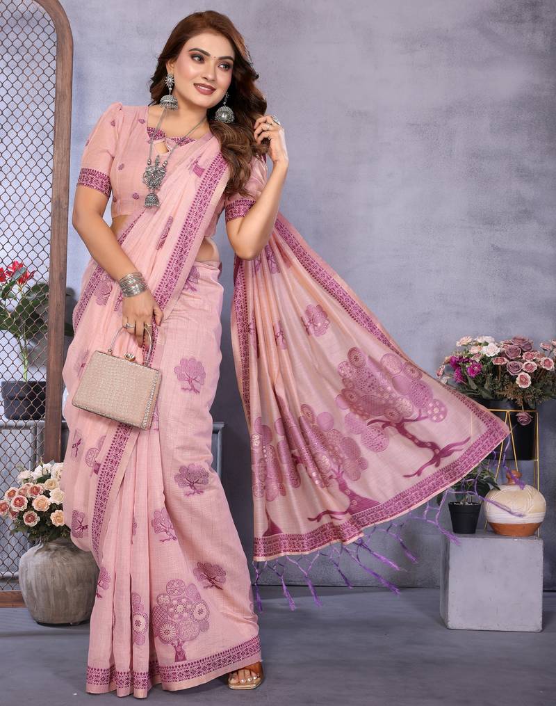 pink jacquard cotton blend saree with blouse 