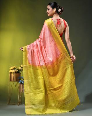 peach & lime yellow zari woven checked silk blend saree 3