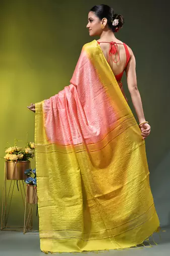 peach & lime yellow zari woven checked silk blend saree