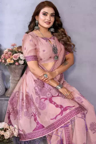 pink jacquard cotton blend saree with blouse 