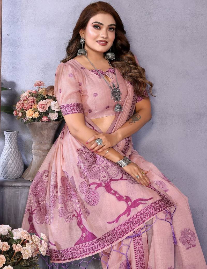 pink jacquard cotton blend saree with blouse 