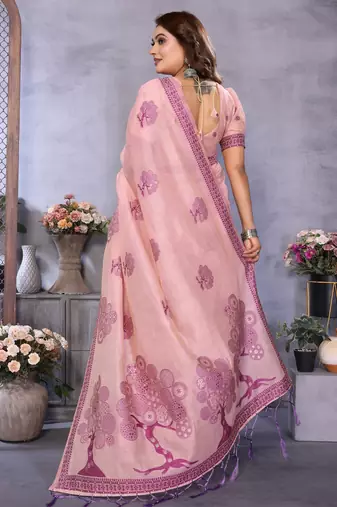 pink jacquard cotton blend saree with blouse 