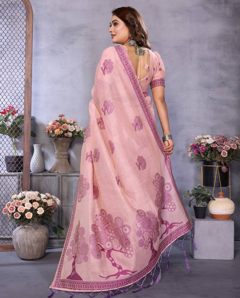 pink jacquard cotton blend saree with blouse 