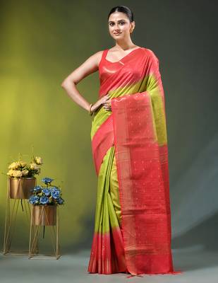 olive green & red zari woven checked silk blend saree 1