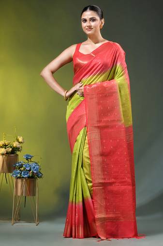 olive green & red zari woven checked silk blend saree