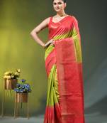 olive green & red zari woven checked silk blend saree