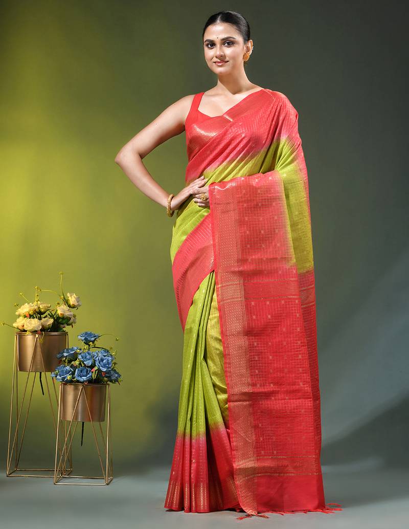 olive green & red zari woven checked silk blend saree