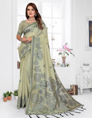 green jacquard cotton blend saree with blouse  1
