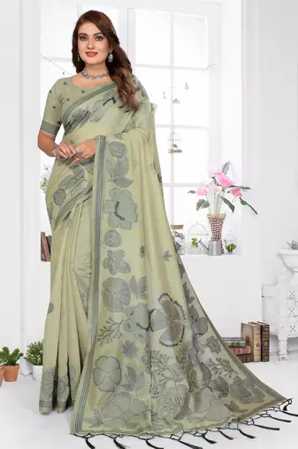 green jacquard cotton blend saree with blouse 