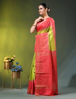 olive green & red zari woven checked silk blend saree 2